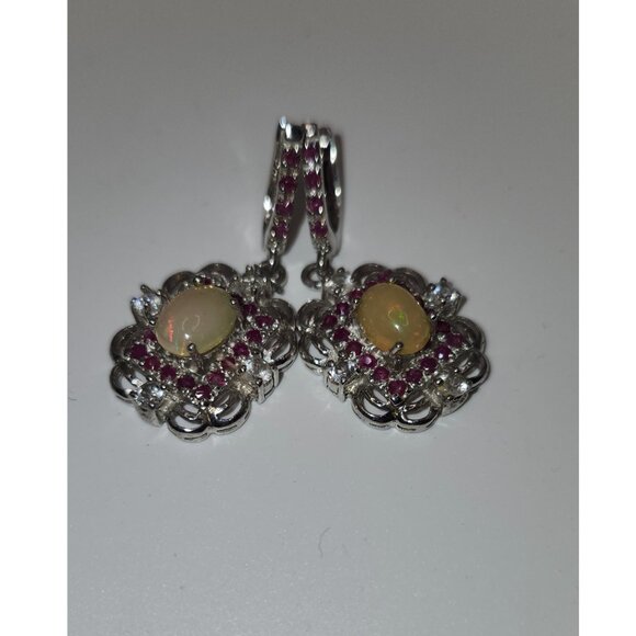 925 Sterling Silver Floral Fire Opal/Ruby/Blue Topaz Centre Earrings Value $655 - Picture 4 of 6